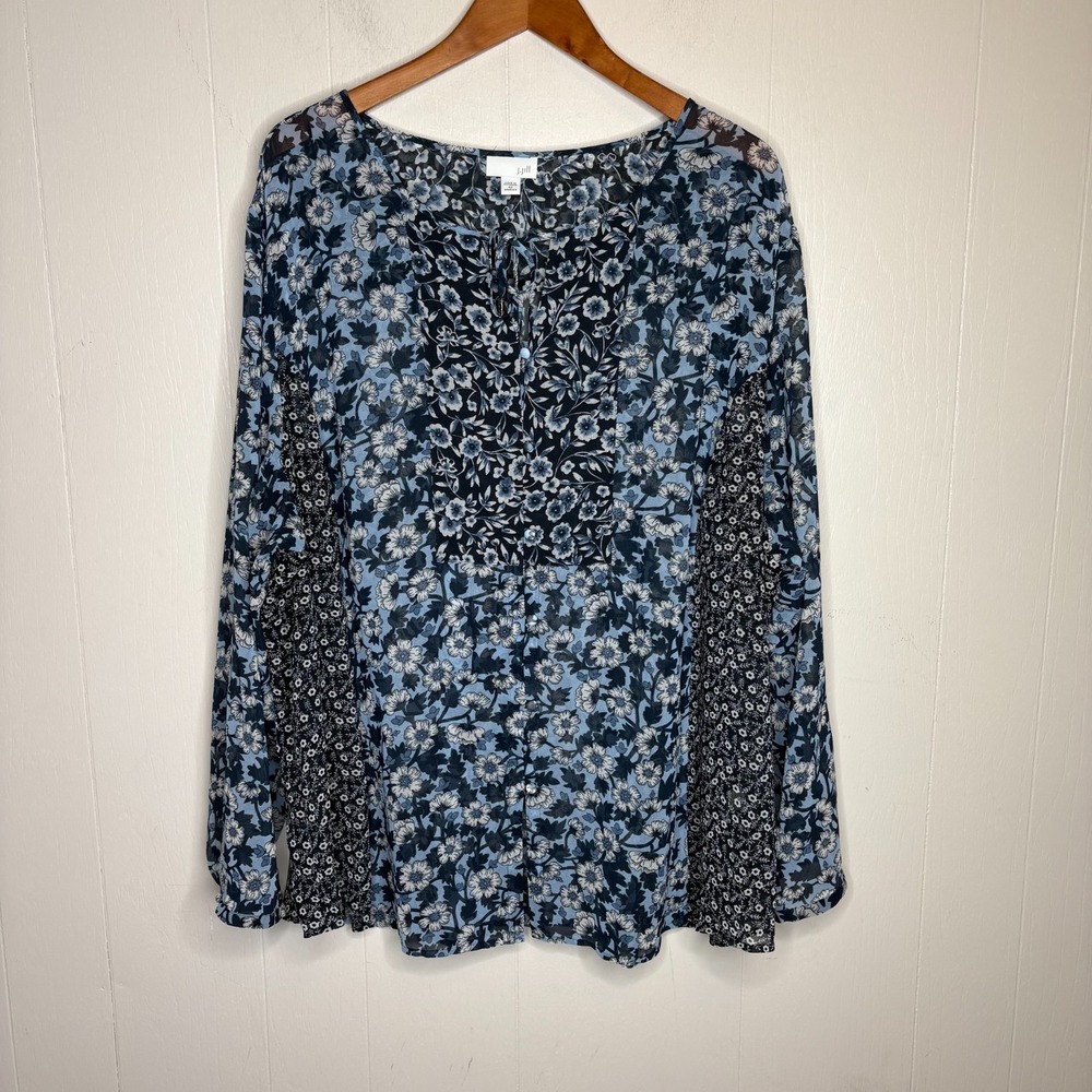 J.Jill Blouse 4X Blue Floral Button Up Tie Neck Long Sleeve Cottagecore Bohemian